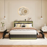 BSMGSGN-Letto contenitore 160x200 cm con LED, 4 cassetti, testiera imbottita, porte USB e Type-C, struttura con doghe, letto matrimoniale in lino grigio scuro per 2 persone, senza materasso