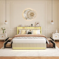 BSMGSGN-Letto contenitore 140x200 cm con LED, 4 cassetti, testiera imbottita, porte USB e Type-C, struttura con doghe, letto matrimoniale in lino beige per 2 persone, senza materasso