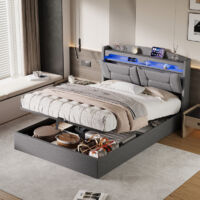 Letto contenitore 140 x 190 cm, letto matrimoniale con rete, luci a LED, presa multipla, testiera imbottita con vano portaoggetti, letto 140 x 190, lino grigio