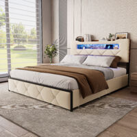 Letto 160 x 200 con rete, letto matrimoniale con cassetti, luci a LED, presa multipla, struttura letto 160 x 200 con rete in metallo, velluto beige