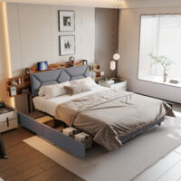 Letto 140 x 200 con rete in metallo, letto matrimoniale con cassetti, testiera con vano portaoggetti a scomparsa, letto matrimoniale con vano portaoggetti, grigio