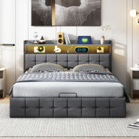 BSMGSGN-Letto Matrimoniale 160x200 cm con Contenitore, Letto Imbottito con Sollevamento a Gas, LED e USB, Testiera con Stoccaggio, Struttura Letto Matrimoniale, Senza Materasso, Lino Grigio
