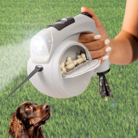 Laisse rétractable pour chien 6 en 1 – Extensible jusqu'à 4 m – Compartiments pour eau, nourriture et sacs – Lumière LED et horloge numérique – Innovagoods