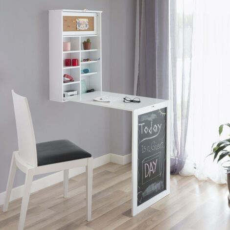 Bureau mural pliable blanc 50x155cm – En bois et métal – Avec tableau noir et étagères – Design moderne pour espaces réduits – Innovagoods (1/9)