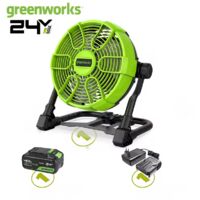 Greenworks 24V Akku-Ventilator 10 Zoll, 5 Geschwindigkeiten, 500 CFM, 360° drehbar, AC/DC, 4Ah Akku + Schnellladegerät