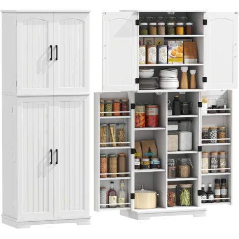 Buffet haut de cuisine avec 4 portes et 10 niches, armoire de rangement avec 8 porte-épices et étagères réglables, meuble fonctionnel pour cuisine, dimensions 60×35×162 cm, blanc (1/5)
