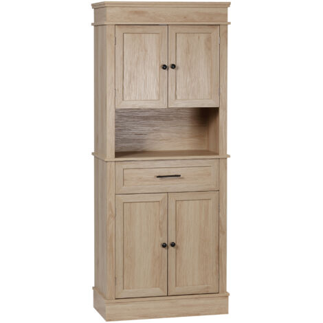 Buffet de cuisine moderne, vaisselier avec étagères ajustables, tiroirs et niches, meuble de rangement pour salle à manger ou salon, dimensions 74 x 39,5 x 183 cm, finition chêne clair.