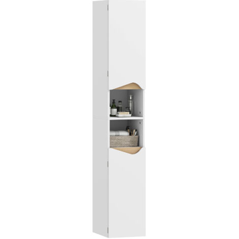 Armoire de salle de bain étroite et haute avec 2 portes et 2 compartiments ouverts, dimensions 30 x 34,6 x 182 cm, couleur blanc