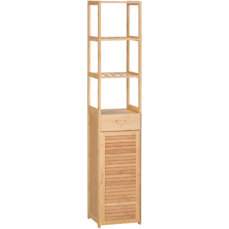 Kleankin Colonne Salle de Bain en Bambou avec 3 Étagères Ouvertes, Tiroir et Placard, 32x30x163 cm, Teinte Bois Naturel