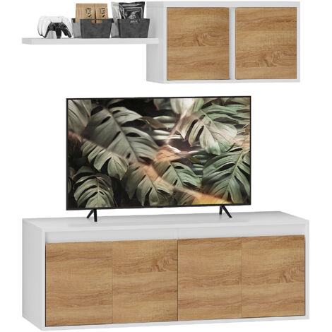 Meuble TV Murale avec 7 Étagères et Espace Ouvert, Armoire Télé en Panneau de Particules, 120x41x43.3 cm, Blanc et Couleur Bois (1/5)