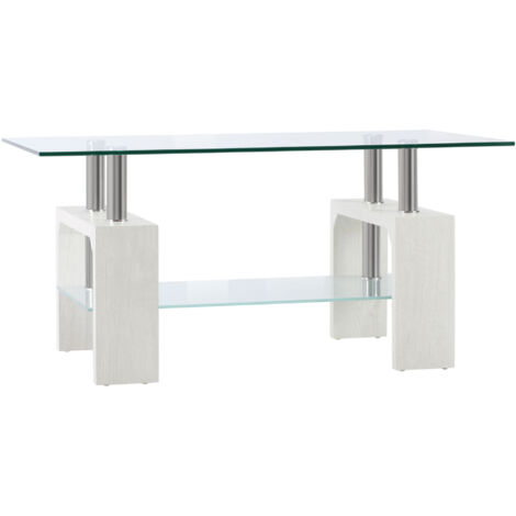 Table Basse Moderne à 2 Niveaux en Verre Trempé et Acier, Table de Salon en Bois avec Plateau en Verre, 90x50x42 cm, Blanc (1/5)