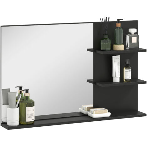 Specchio Bagno Moderno con 3 Ripiani, MDF e Vetro, 75x10x48 cm, Nero - Idéal pour Salle de Bain (1/5)