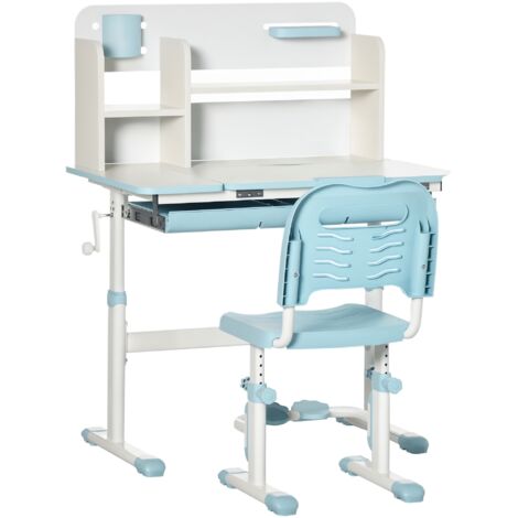 Bureau et Chaise Enfants Réglables, Table d'Étude Inclinable à 60° avec Tiroir, Étagères et Porte-Crayons, Âge 3+ Ans, Bleu (1/5)