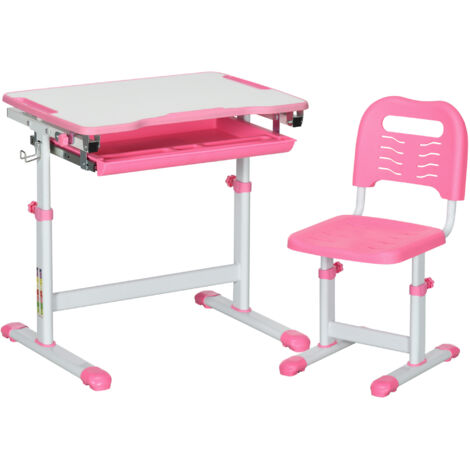 Bureau Enfant avec Chaise, Table d'Écriture Réglable Élève, Tiroir et Rangement - Rose (1/5)