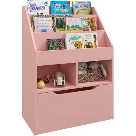 Bibliothèque Enfant Compacte avec Étagères, Tiroir et Roulettes, Rangement pour Chambre Bébé en MDF, 60x29.9x90cm, Rose