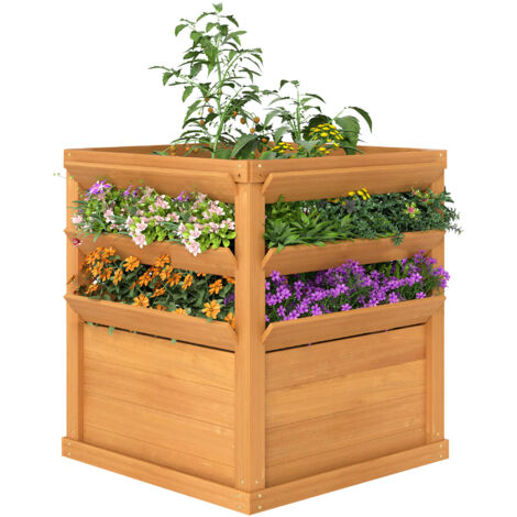 Jardinière surélevée avec treillis, bac à fleurs en bois 65x65x60 cm couleur caramel, idéale pour plantes grimpantes.