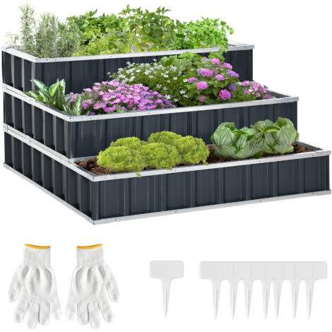 Jardin surélevé en acier 3 niveaux avec étiquettes plantes en T, gants, potager aromatique, escalier à fleurs pour balcon terrasse 118x118x62 cm gris foncé