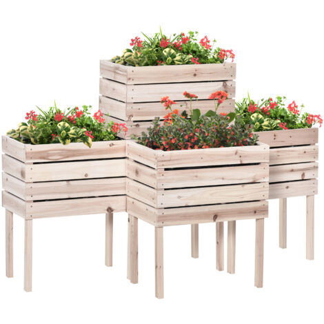 Jardinières sur pieds modulables en bois sapin naturel - Lot de 4 bacs potagers carrés avec irrigation - 50L x 30l x 60H cm - Idéal balcon terrasse (1/5)