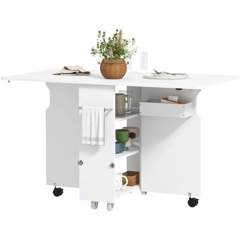 Table à Lingerie Escamotable avec 3 Niveaux de Rangement, Plateau en MDF et Roulettes, Table Pliante Multifonction, 130x80x76.5 cm, Blanc (1/5)