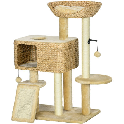Arbre à chat beige avec plateformes, griffoir, niche et panier d'observation, 60x40x98 cm