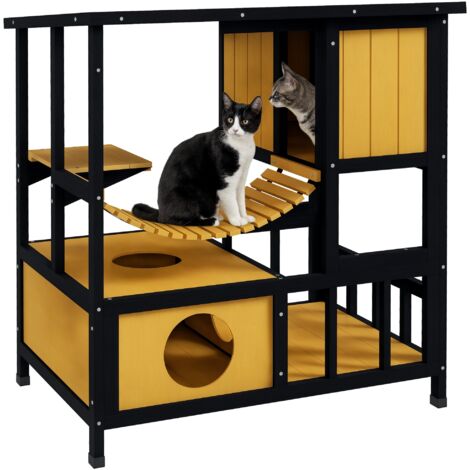 Cabane pour chat extérieure résistante aux intempéries, avec rampe et plateforme, dimensions 84,5 x 60 x 88 cm, couleur verte et naturelle
