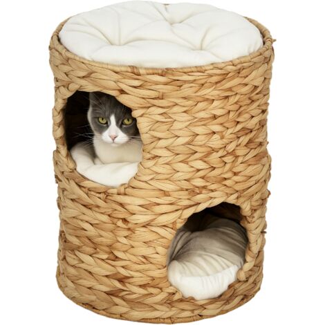 Kratztonne pour chat avec 2 cachettes et coussin, 50 cm, arbre à chat en jacinthe d'eau, couleur brun clair (1/5)