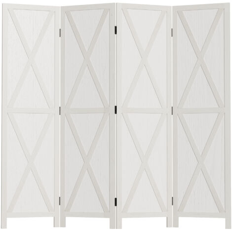Paravent 4 Panneaux en Bois de Paulownia - Séparateur de Pièce Style Campagnard Moderne avec Motif Croisillons