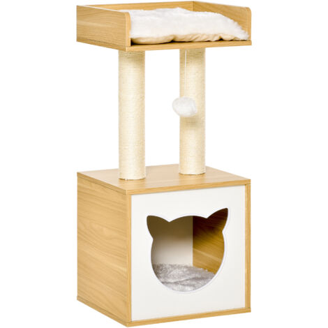 Maison pour Chat avec Griffoir Sisal, Lit et Coussin Lavable, 35x35x81cm, Chêne (1/5)