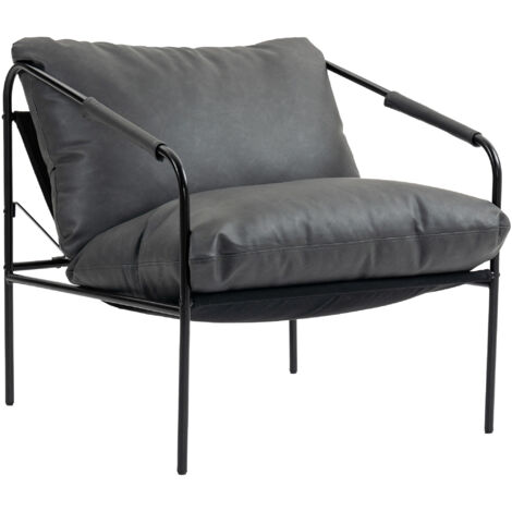 Fauteuil de Salon en Simili Cuir, Chaise de Chambre Confortable, Siège Large avec Coussin Détachable, Accoudoirs et Structure en Métal, 74.5x75x77 cm, Gris Anthracite (1/5)