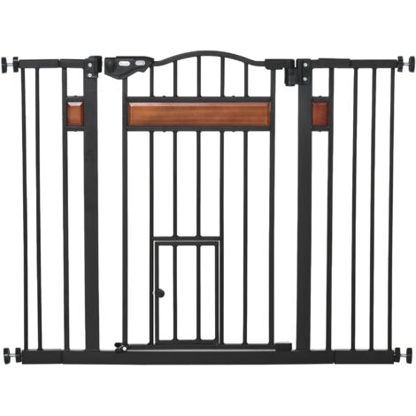 PawHut Portillon pour Chiens de Petite et Moyenne Taille à Fermeture Automatique, Grillage en Acier avec Cadre en Pin, 74-105 x 76.2 cm, Noir