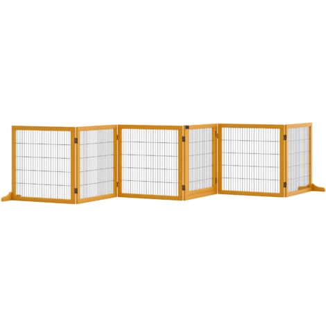 PawHut Barrière de Sécurité en Bois et Métal pour Chiots et Chiens de Petite Taille, 6 Panneaux Pliables, 432 x 36 x 70 cm, Jaune