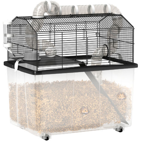 Cage pour hamster transportable avec accessoires inclus (rampe, écuelle, biberon, tunnels) 58x43x57 cm couleur noire