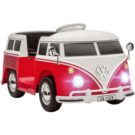 Voiture électrique enfant 12V Volkswagen T1 rouge, démarrage progressif, double moteur, dimensions 89x49x41,5cm, licence officielle
