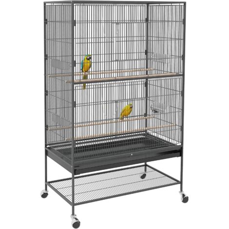 Cage pour oiseaux avec perchoirs, jouets, bac amovible et étagère, couleur grise (1/5)