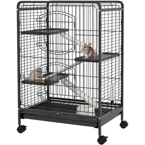 PawHut Cage pour Lapin et Chinchilla avec Roulettes, 3 Plateformes et Bac Amovible - Acier et PP, Noir 61,5x44x95cm