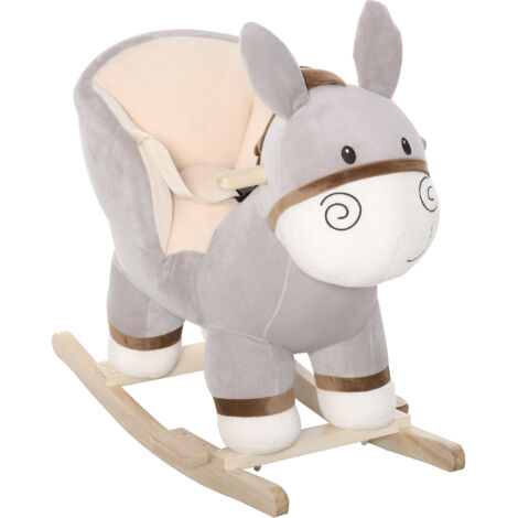 Cheval à Bascule Âne Musical en Peluche Douce, Selle Confortable en Bois de Peuplier, 61L x 34l x 58H cm