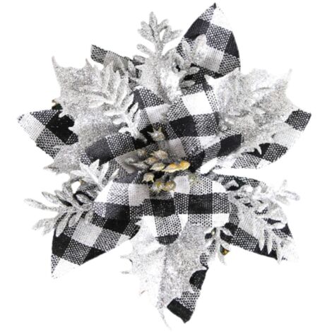 12 fleurs artificielles à motifs damier noir et blanc, décorations scintillantes pour arbre de Noël, ornements festifs brillants (1/5)