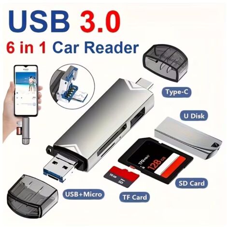Lecteur de cartes USB 3.0 6-en-1 avec ports Type-C et Micro-USB