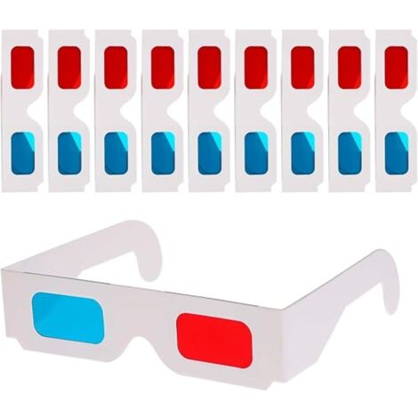 10 lunettes 3D en carton rouge cyan, monture blanche pliable, pour cinéma 3D et films stéréoscopiques, avec étui de protection inclus. (1/5)