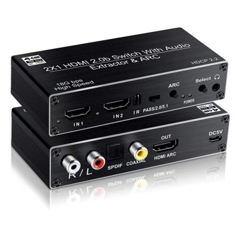 Commutateur HDMI 2 en 1 avec extracteur audio, sortie SPDIF optique et RCA 4K 60Hz ARC
