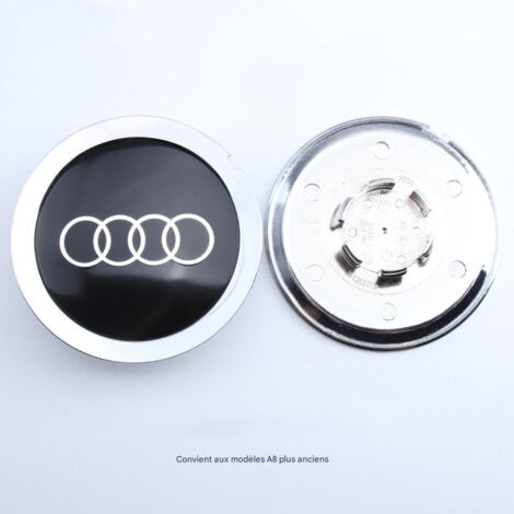 Cache-moyeu de roue compatible Audi A6 C5, A4 B7, TT, A8 – Centre de jante, capuchon de moyeu pour jante voiture, accessoire roue auto en aluminium + ABS, kit 4 pièces – Noir bord argenté avec encoche