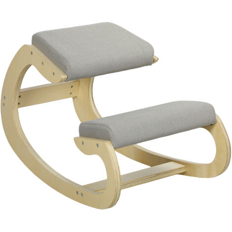 Chaise à Genoux Ergonomique avec Mouvement de Bascule, Siège Moderne en Tissu Imitation Lin et Bois de Bouleau, 55x85x55 cm, Gris Clair (1/5)