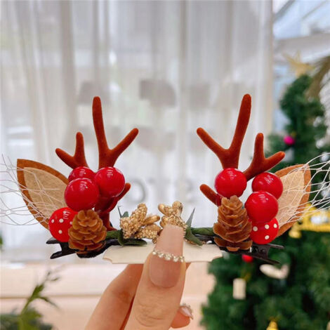 Barrettes Chevreuil en Peluche Mignons pour Noël, Fêtes d’Anniversaire et Cosplay - Bois de Rennes Khaki avec Cône de Pin Blanc (1/5)