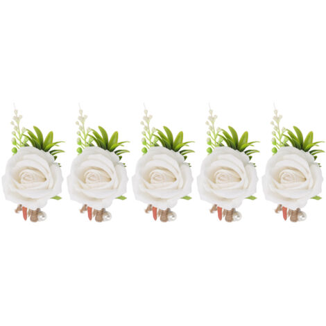 5 Épingles de Boutonnière de Mariage en Plastique pour Marié et Mariée - Fleurs Artificielles Blanches (1/5)