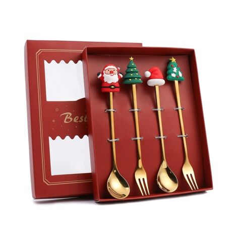 4 Pièces Cuillère et Fourchette de Noël en Acier Inoxydable, Forme Sapin et Père Noël, pour Dîner Festif à la Maison avec Boîte Rouge (1/5)