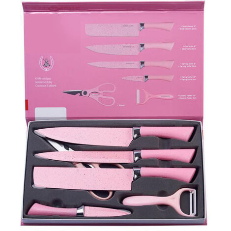 Ensemble de 6 couteaux de cuisine colorés en acier inoxydable avec manche ergonomique rose pour découpe