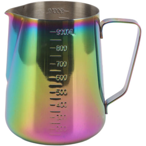 Pitcher à lait inoxydable 304 pour mousse à lait, double échelle, 900ML, idéal pour latte art, coloré, mousseur à lait pour café. (1/5)