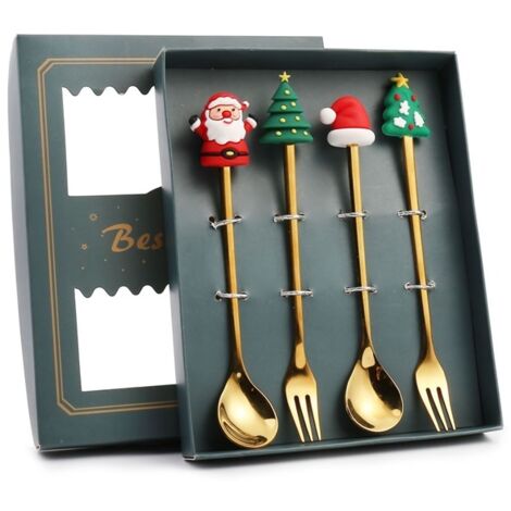 Ensemble de 4 Cuillères et Fourchettes de Noël en Acier Inoxydable, Forme Sapin et Père Noël, pour Dîner Festif avec Boîte Verte (1/5)