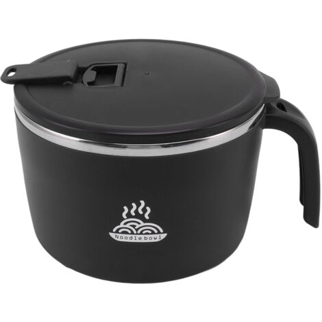 Bol en acier inox pour nouilles instantanées, grand mug de 1300ml avec couvercle et support téléphone, idéal bureau et dortoir, noir. (1/5)