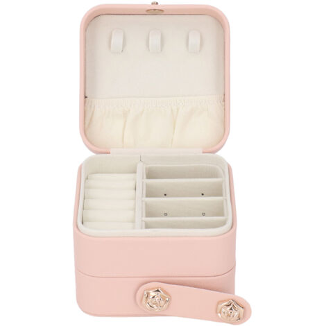Boîte à bijoux rose portable en simili-cuir multicouche pour bagues, boucles d'oreilles et colliers - étui de voyage élégant pour la maison (1/5)